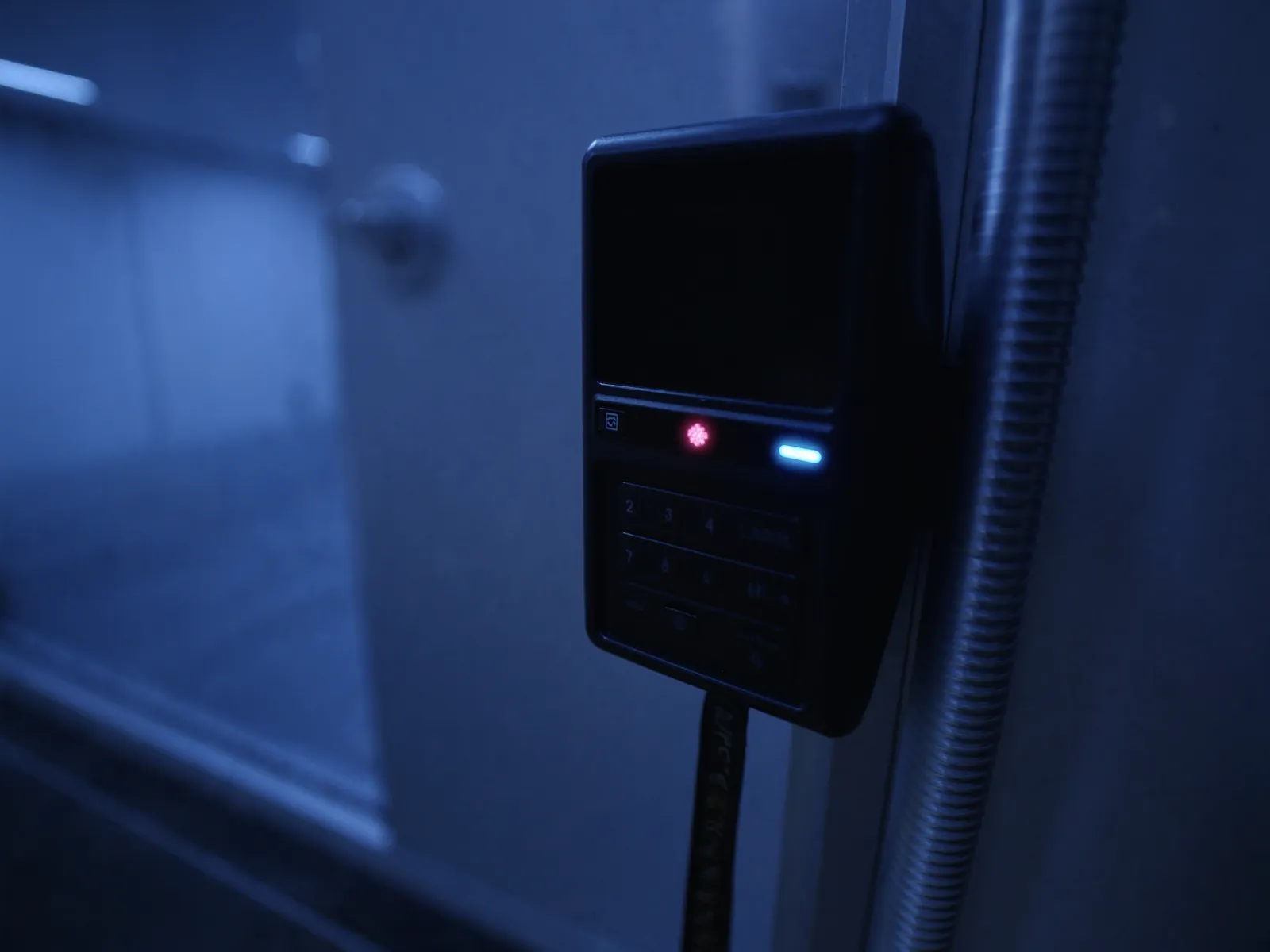 Access-controlled door with an electronic badge reader in cool blue light